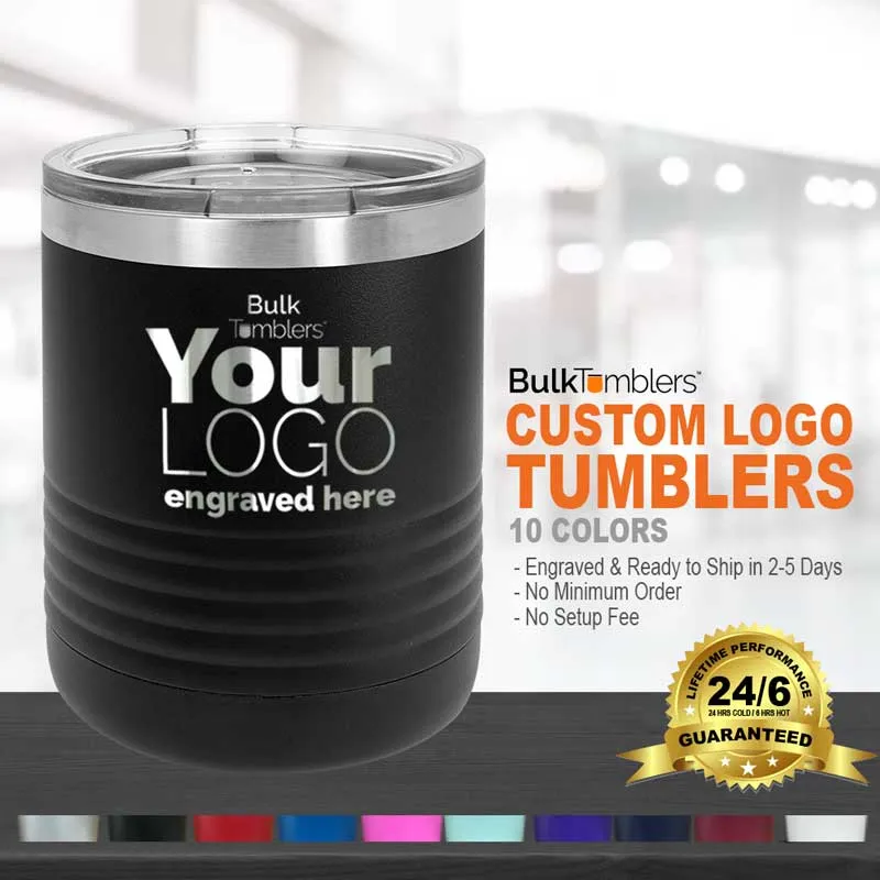 10 oz Lowball Whisky Glass w Logo Laser Engraved on Insulated Stainless Steel Rocks Tumblers   Lid