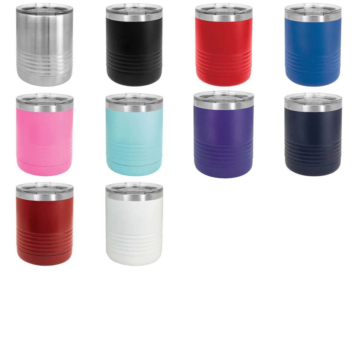 10 oz Lowball Whisky Glass w Logo Laser Engraved on Insulated Stainless Steel Rocks Tumblers   Lid