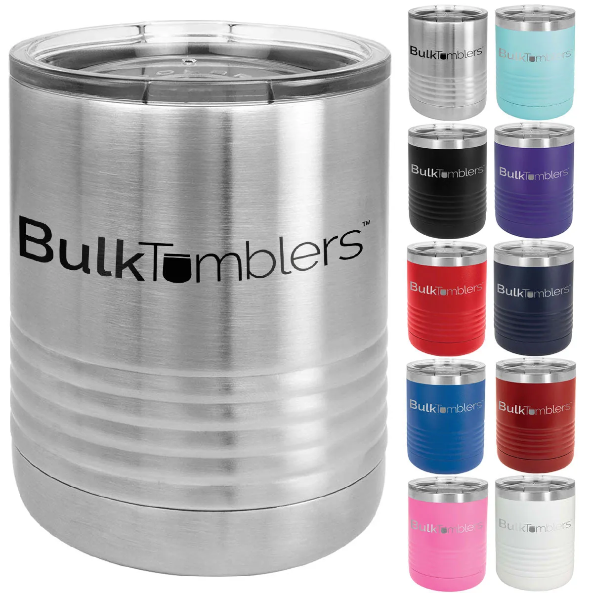 10 oz Lowball Whisky Glass w Logo Laser Engraved on Insulated Stainless Steel Rocks Tumblers   Lid