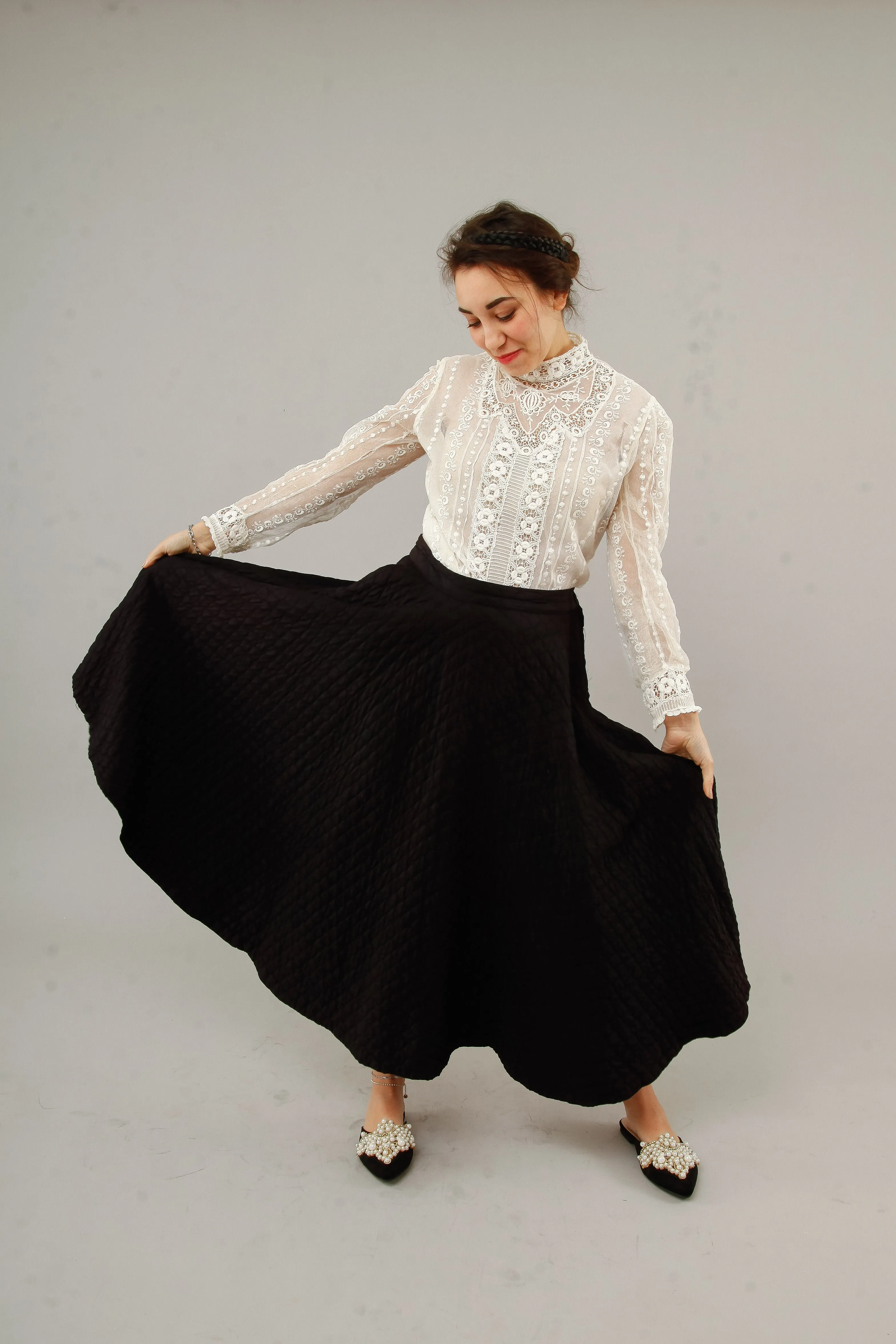 1950 Black  Silk Quilted Cirlcle Skirt