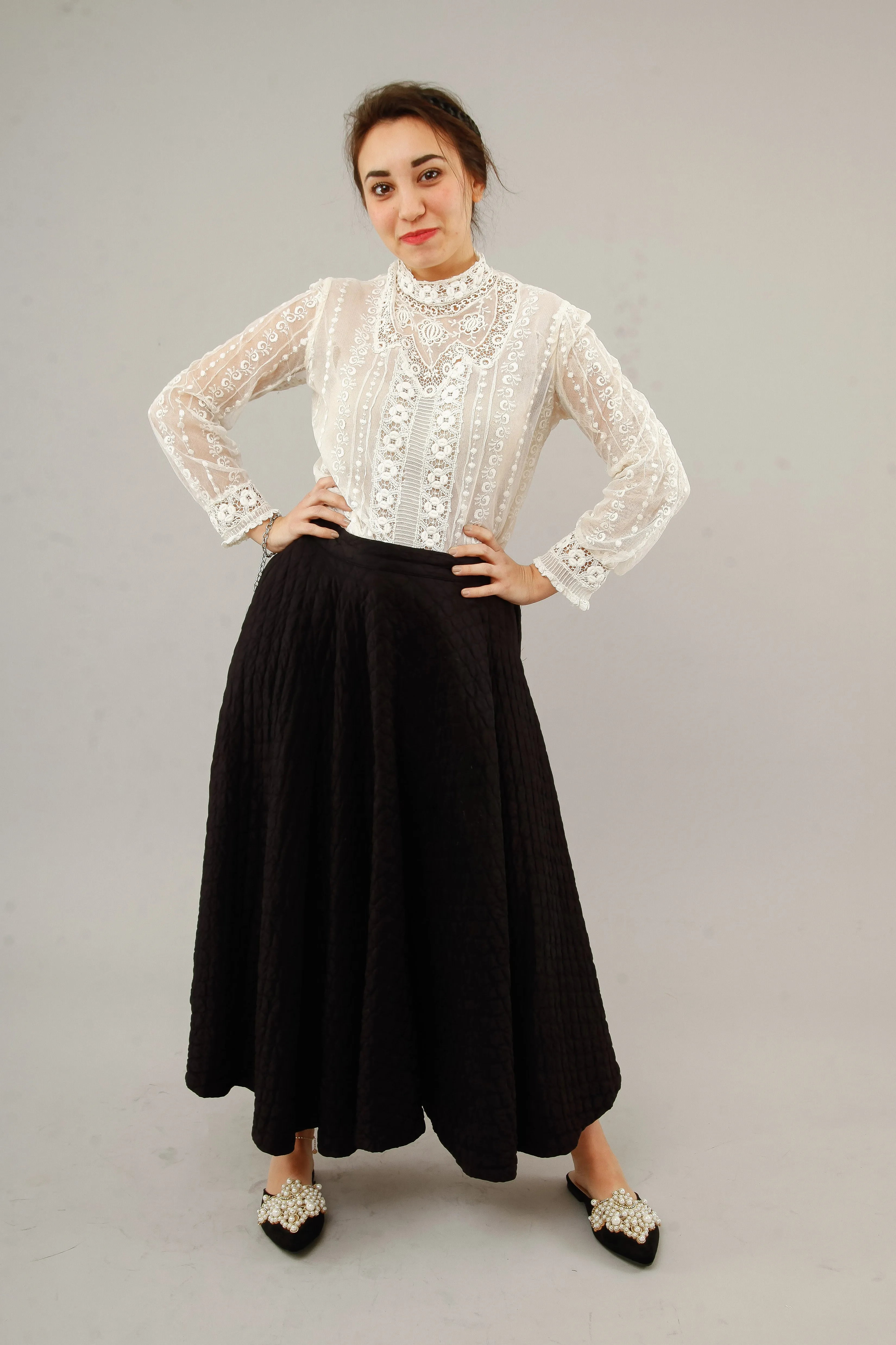 1950 Black  Silk Quilted Cirlcle Skirt