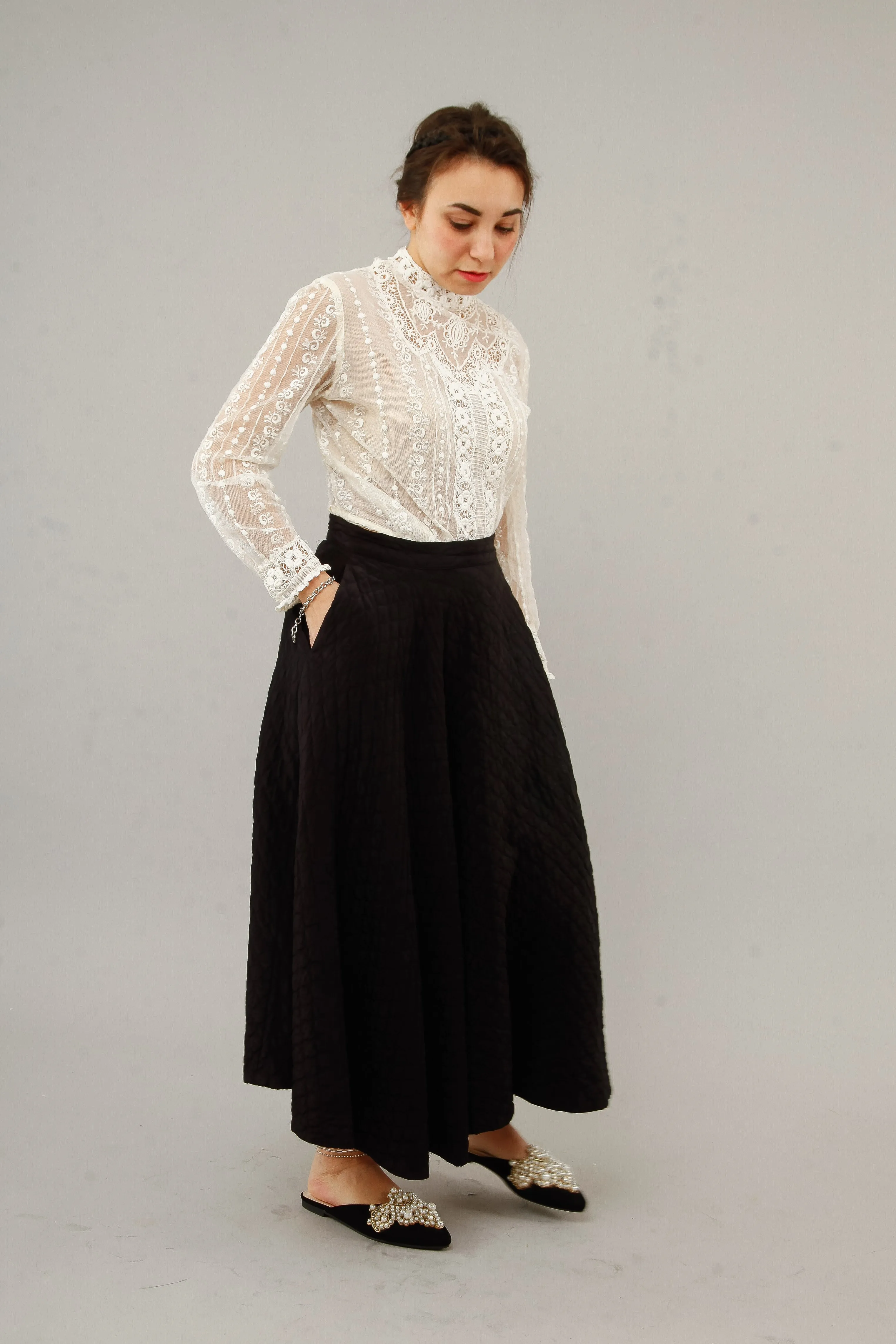 1950 Black  Silk Quilted Cirlcle Skirt