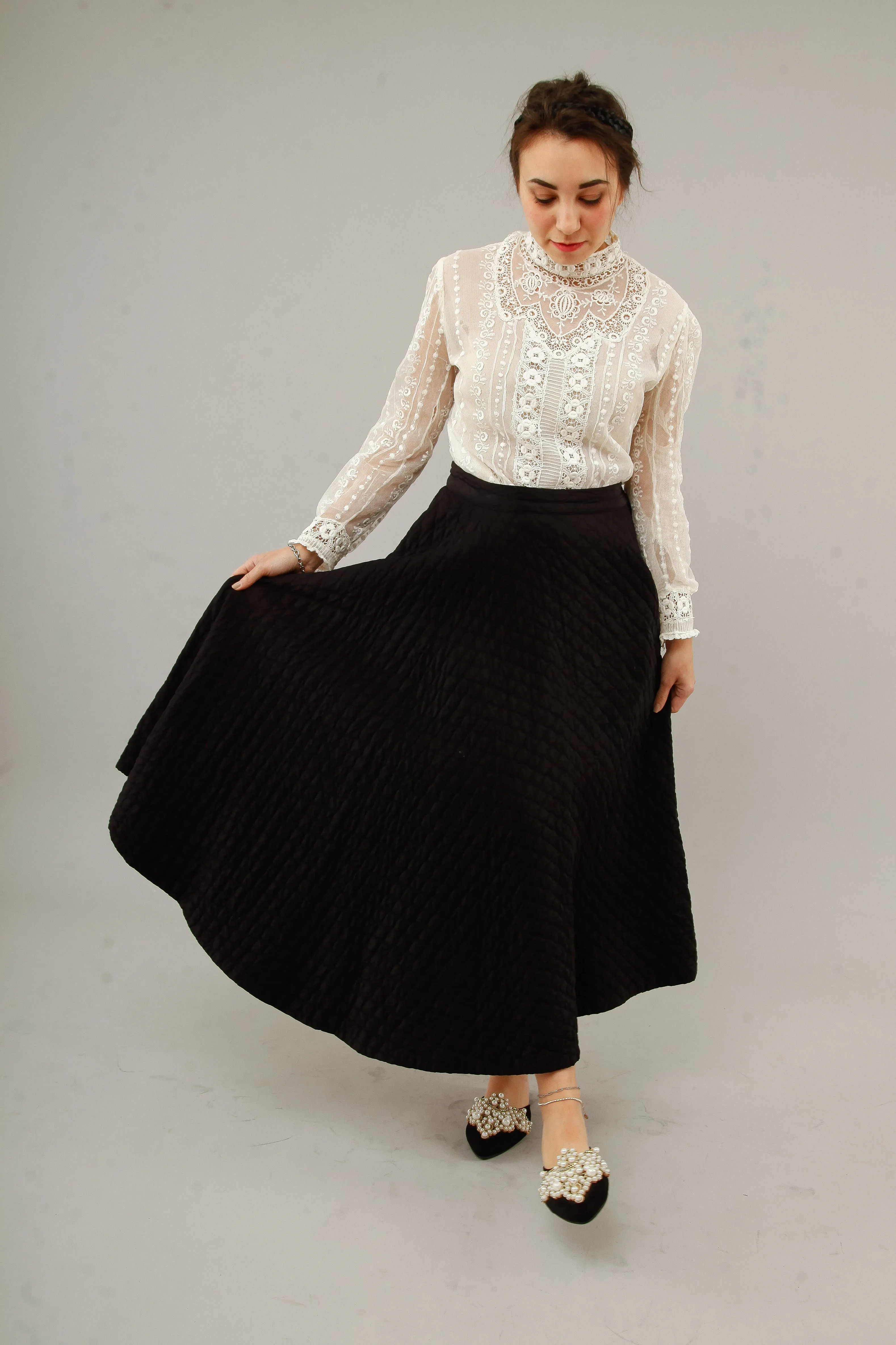 1950 Black  Silk Quilted Cirlcle Skirt