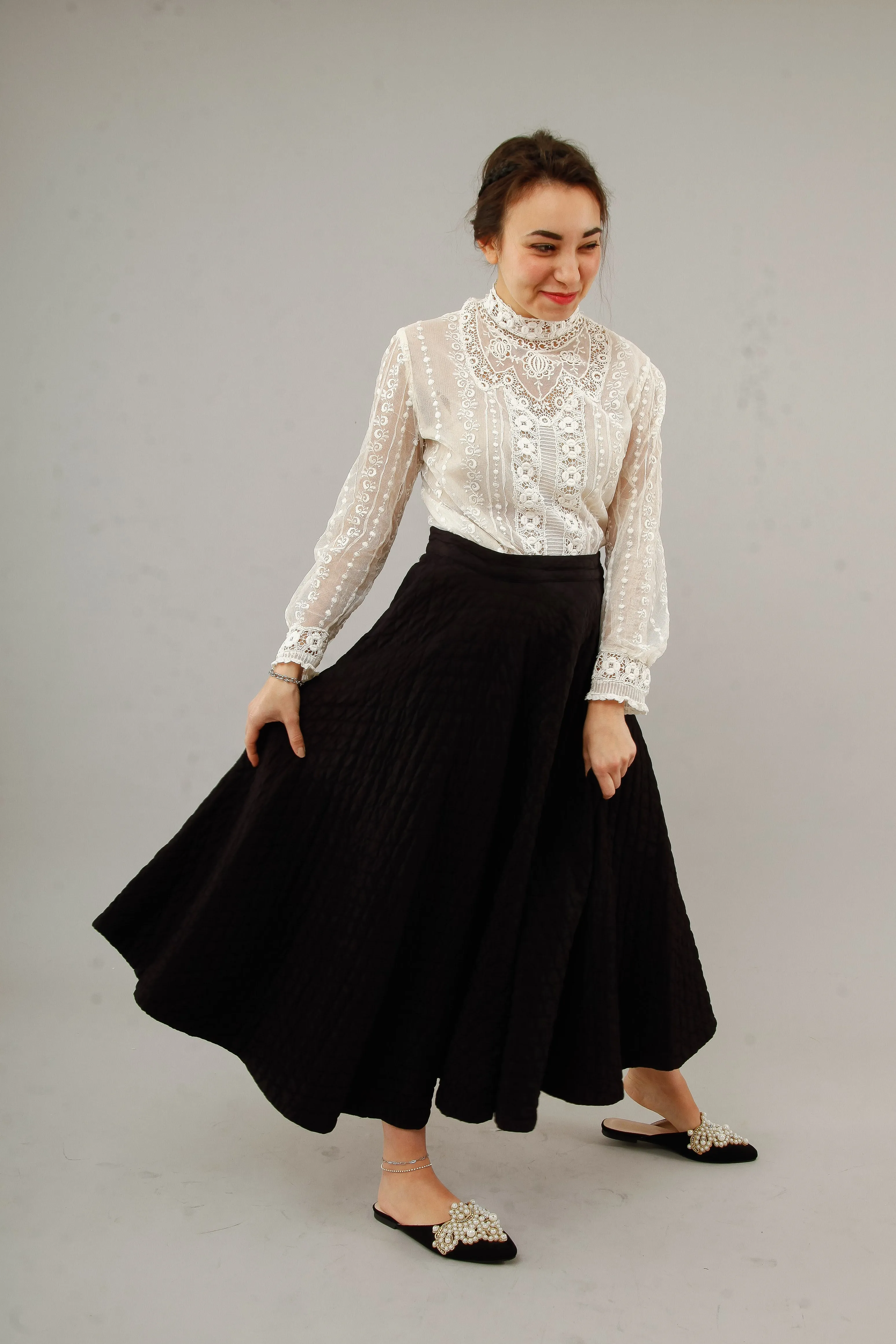 1950 Black  Silk Quilted Cirlcle Skirt