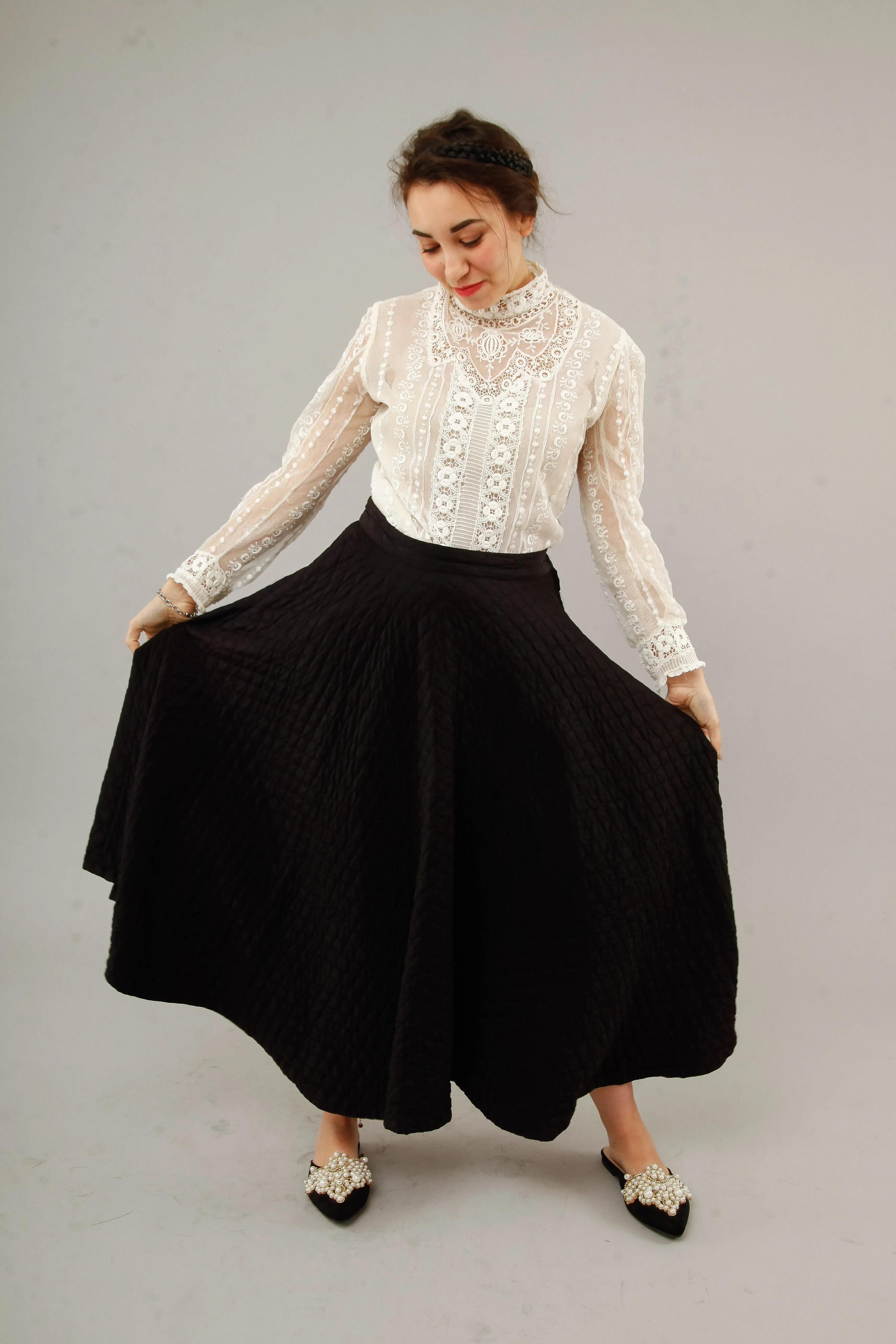1950 Black  Silk Quilted Cirlcle Skirt