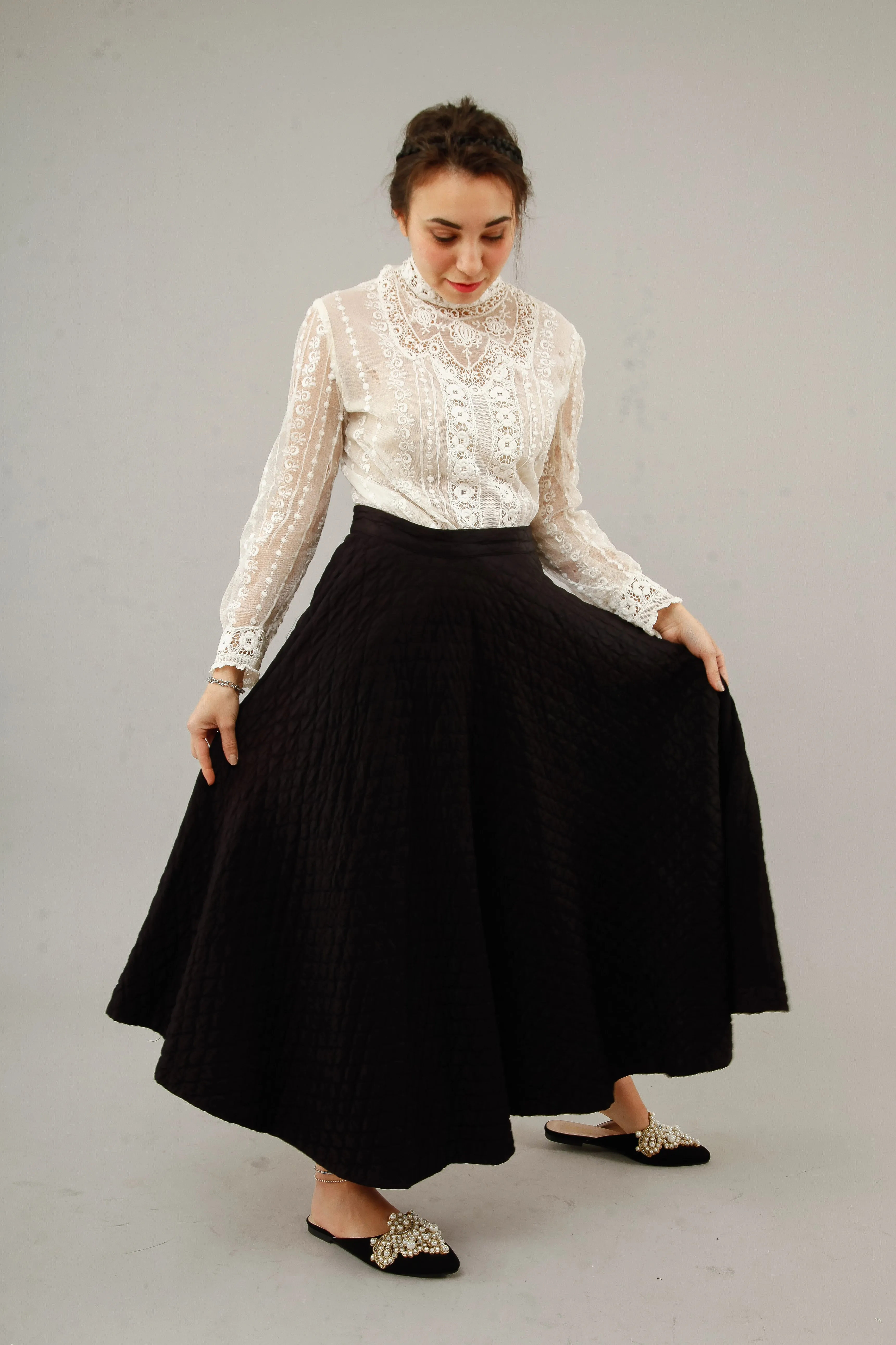 1950 Black  Silk Quilted Cirlcle Skirt