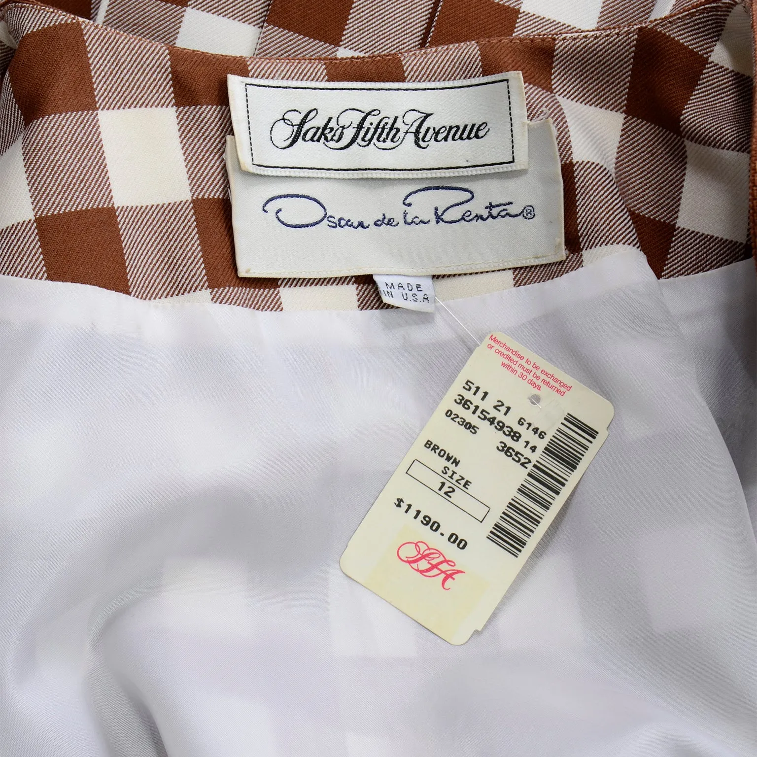 1980s Oscar de la Renta Deadstock w Tags Vintage Brown & White Check Dress