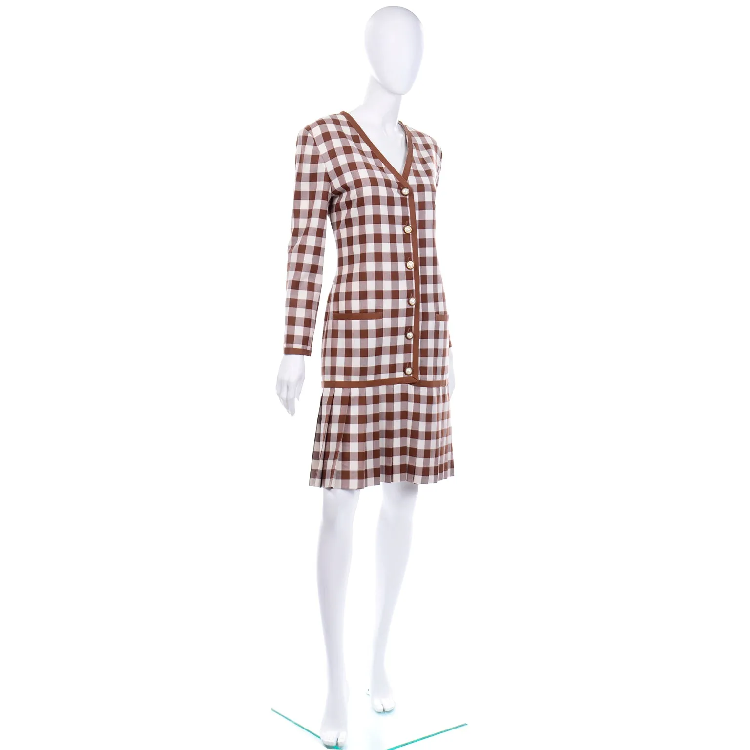 1980s Oscar de la Renta Deadstock w Tags Vintage Brown & White Check Dress