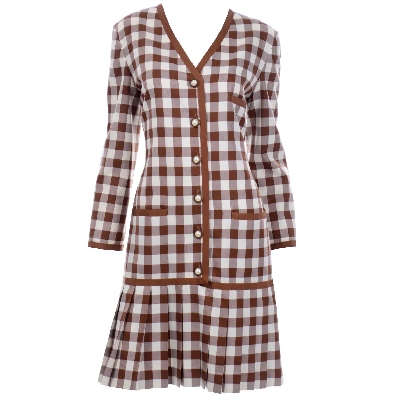 1980s Oscar de la Renta Deadstock w Tags Vintage Brown & White Check Dress