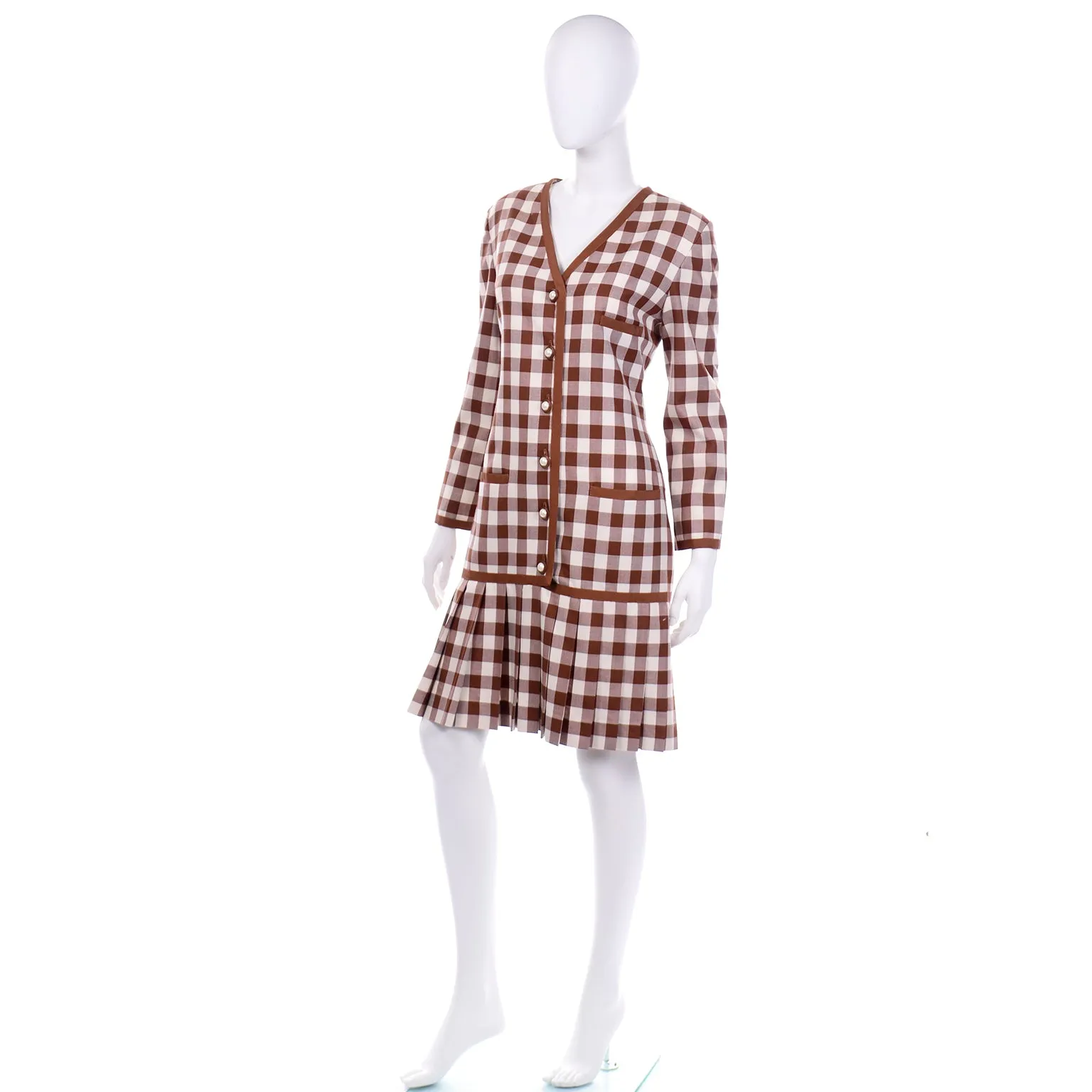 1980s Oscar de la Renta Deadstock w Tags Vintage Brown & White Check Dress