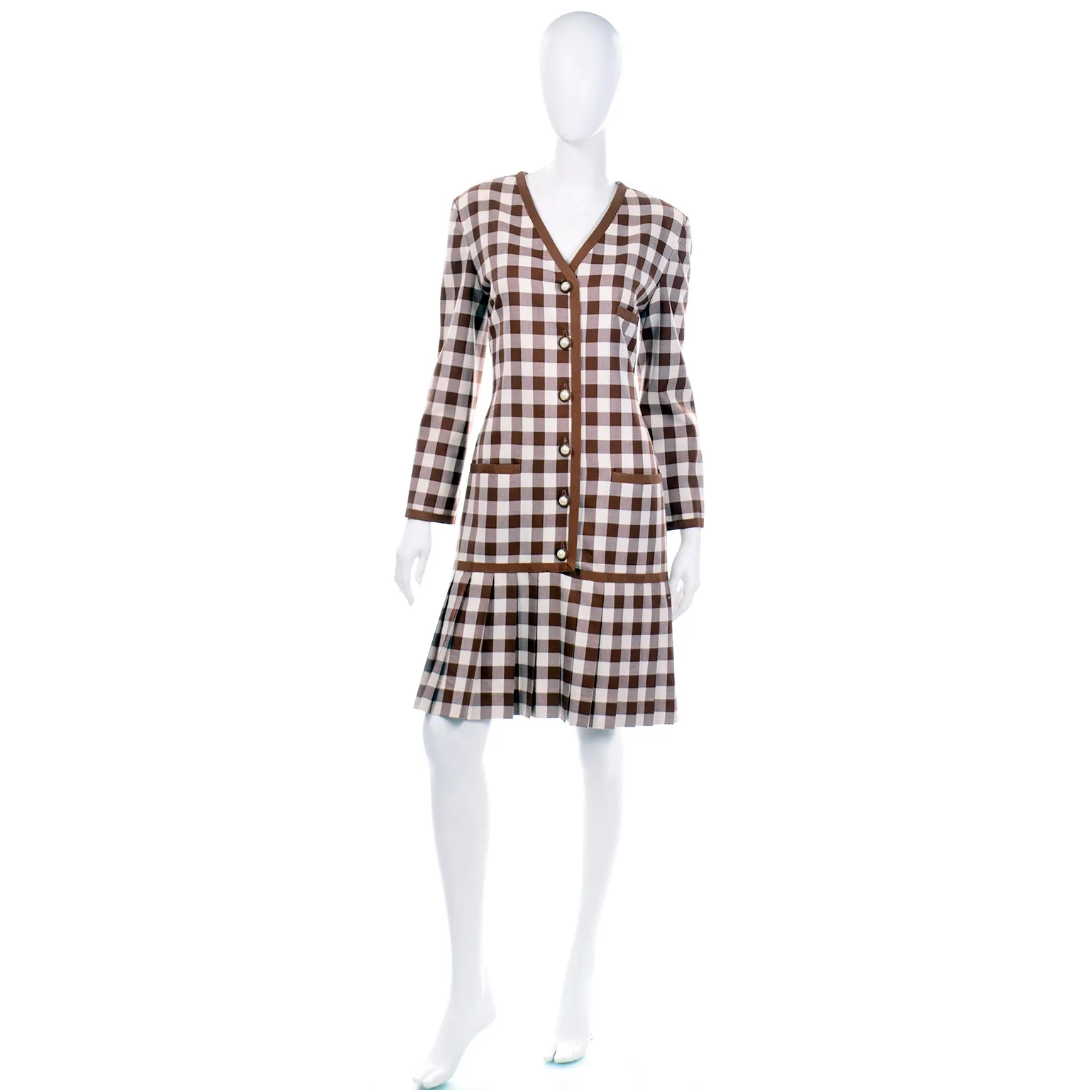 1980s Oscar de la Renta Deadstock w Tags Vintage Brown & White Check Dress