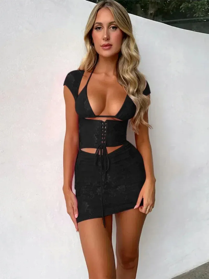 2024 Summer Hollow Out Halter Bandage Lace Dress