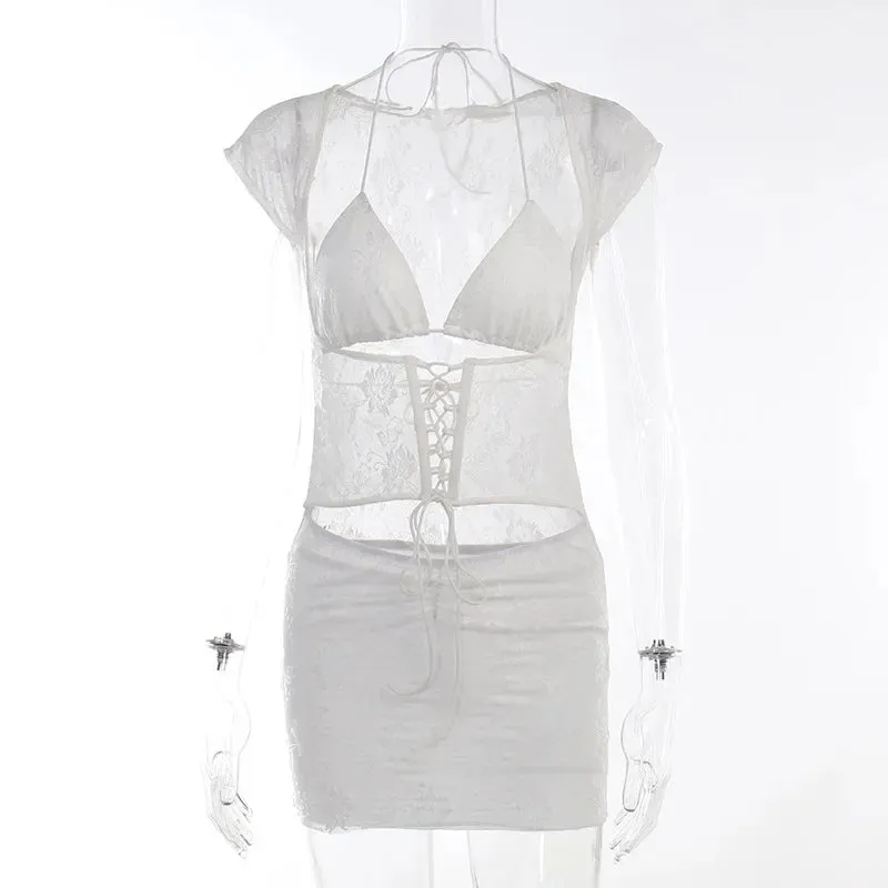 2024 Summer Hollow Out Halter Bandage Lace Dress