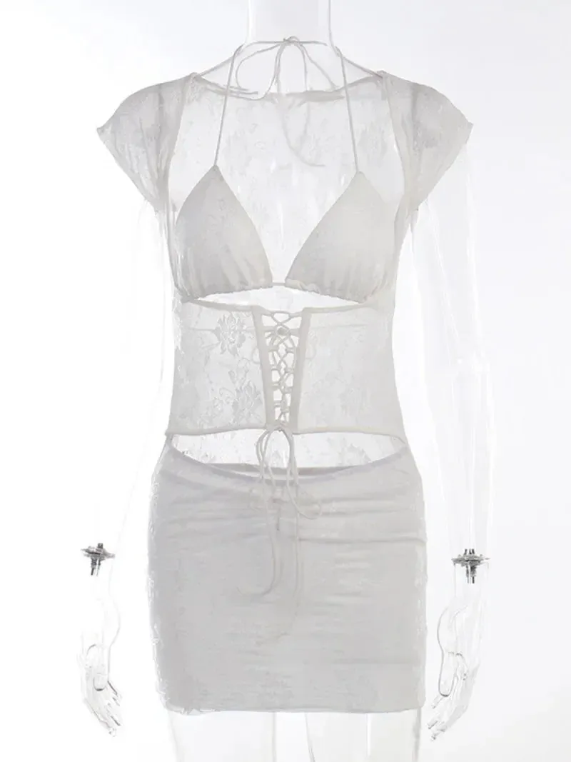 2024 Summer Hollow Out Halter Bandage Lace Dress