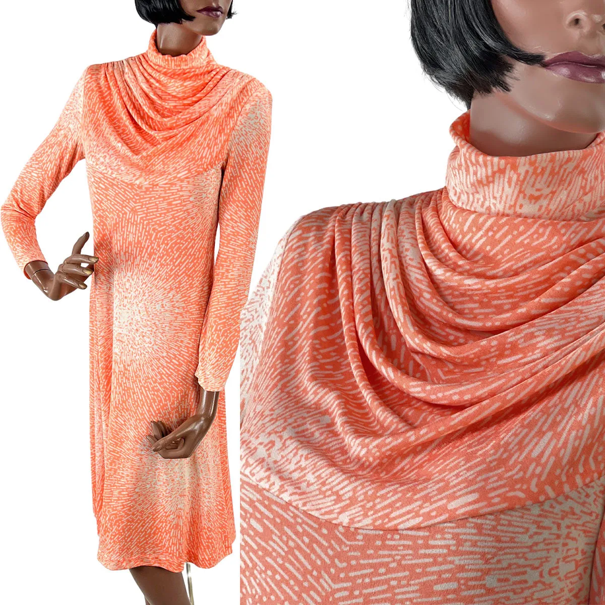 70s Op Art Print Vintage Dress Jersey Slinky Atomic Starburst Draped Bodice Women's VFG