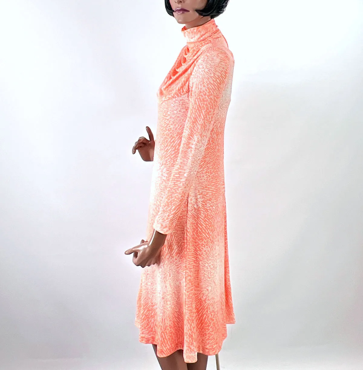 70s Op Art Print Vintage Dress Jersey Slinky Atomic Starburst Draped Bodice Women's VFG