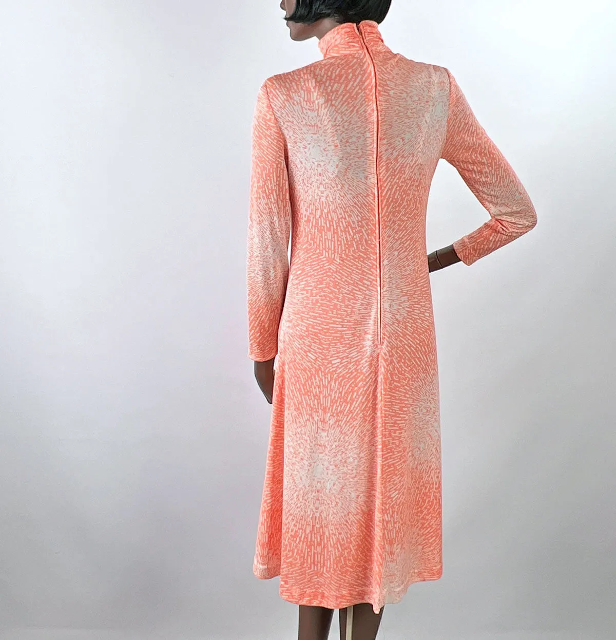 70s Op Art Print Vintage Dress Jersey Slinky Atomic Starburst Draped Bodice Women's VFG