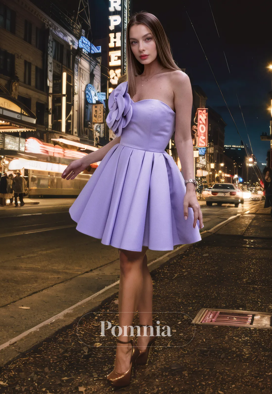 A-Line Strapless Ruched Flower Pleated Satin Short Homecoming Dress