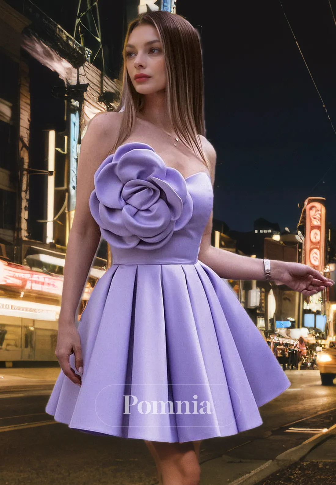A-Line Strapless Ruched Flower Pleated Satin Short Homecoming Dress