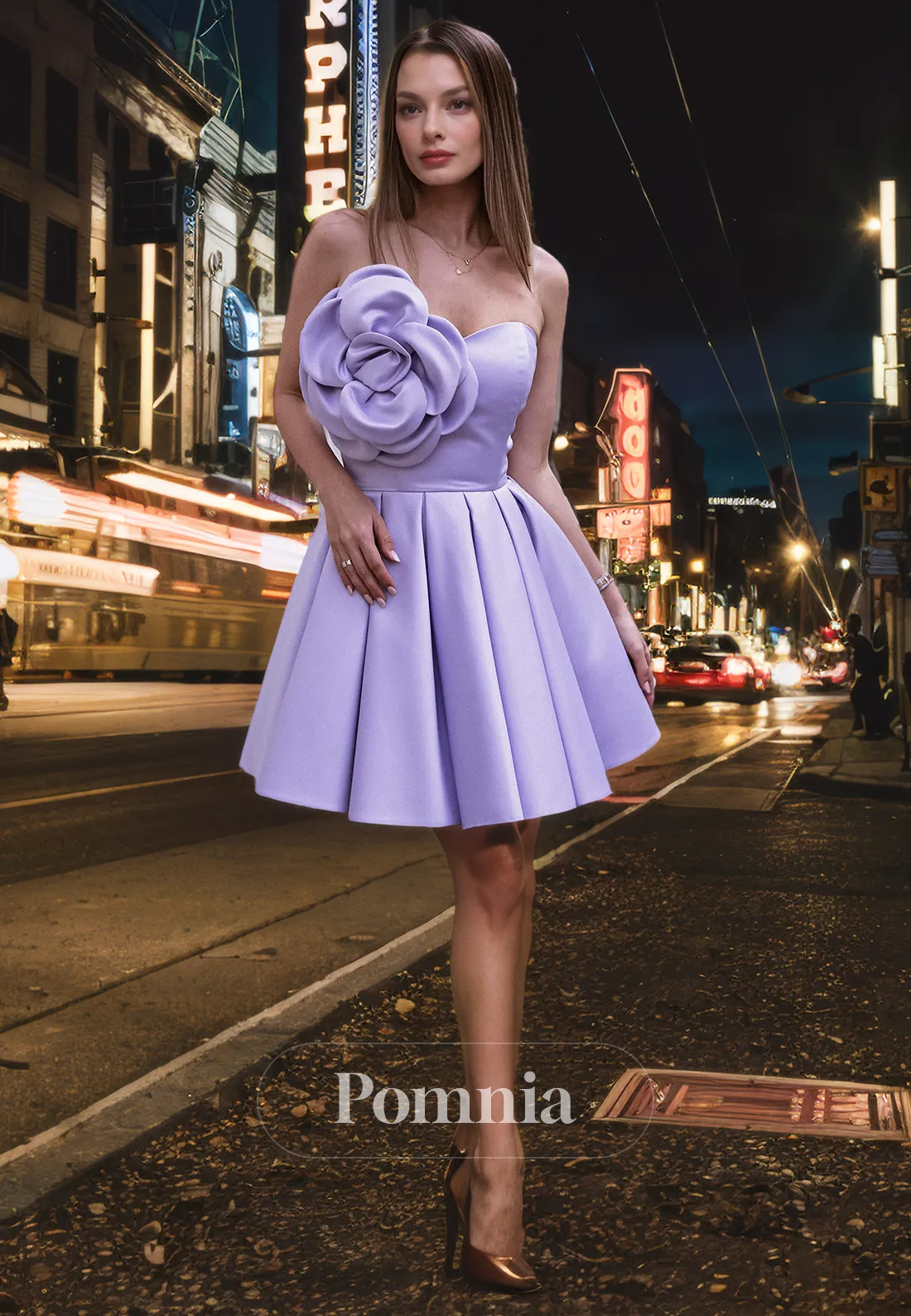 A-Line Strapless Ruched Flower Pleated Satin Short Homecoming Dress