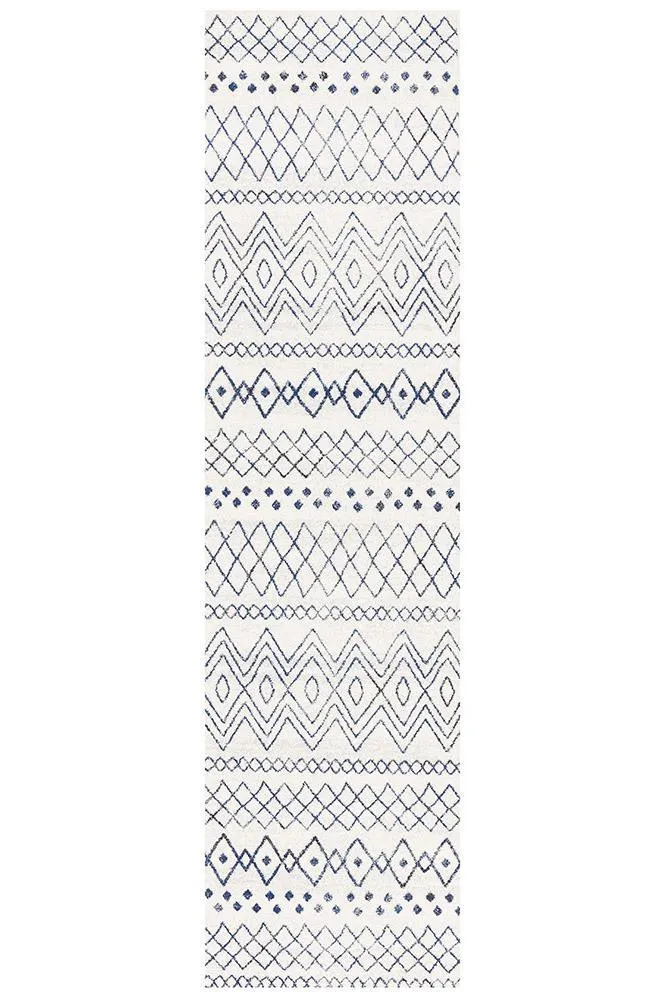 Aladdin Iman White Blue Rustic Tribal Runner Rug