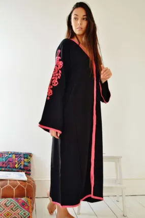 Black Floral Moroccan Embroidery Kaftan- Rose