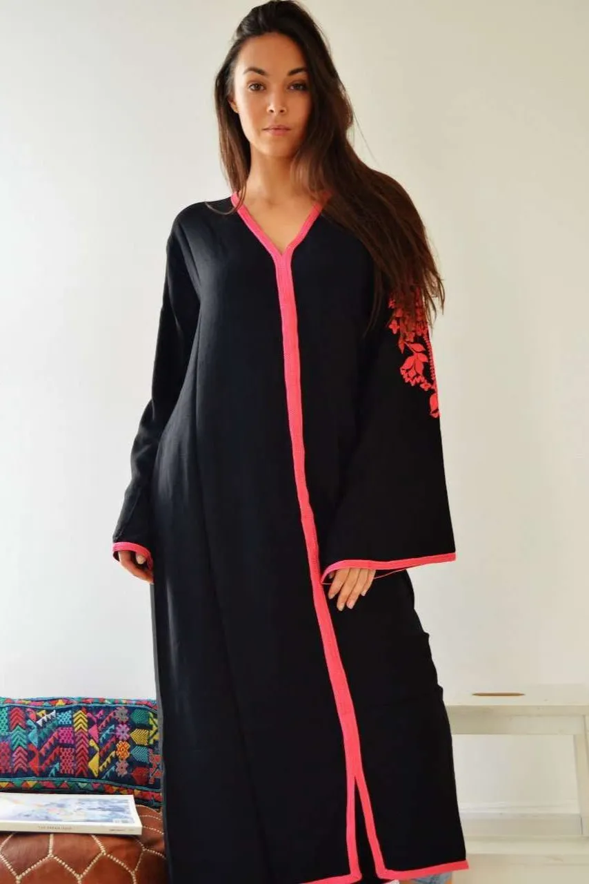 Black Floral Moroccan Embroidery Kaftan- Rose