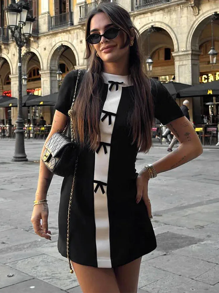 Bow Slim Elegant O Neck Contrast Color Street Casual Mini Dress