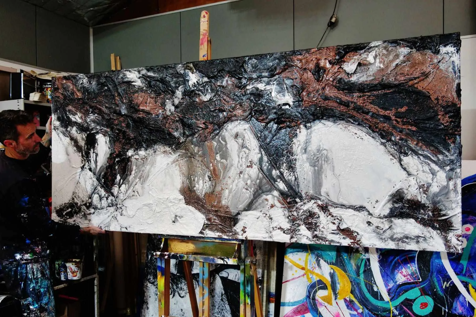 Copper Intent 240cm x 100cm Copper Black White Textured Abstract Painting (SOLD)