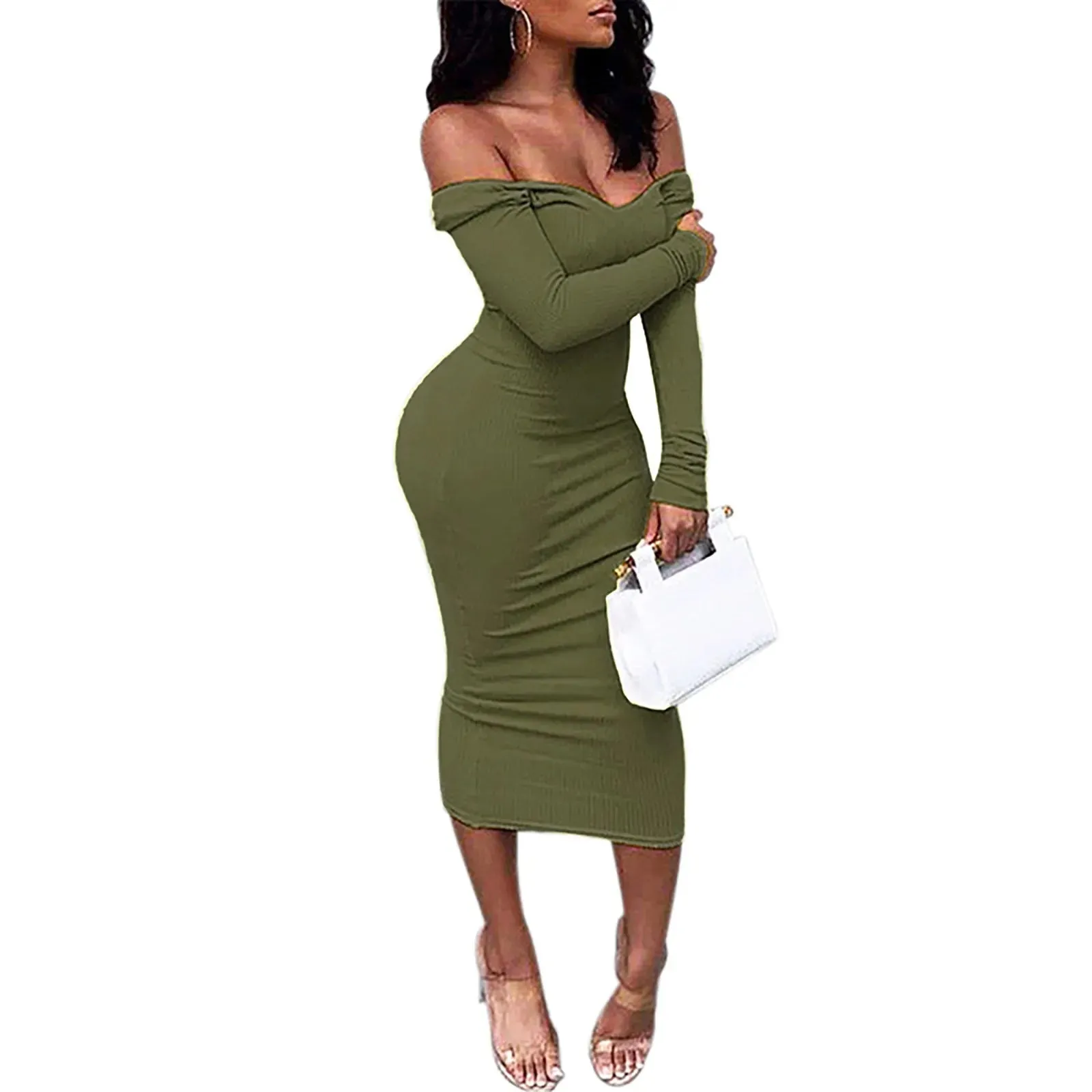 DressBetty - 2024 Sexy Deep V Neck Off Shoulder Rib Knit Midi Dress