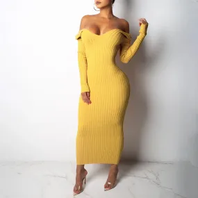 DressBetty - 2024 Sexy Deep V Neck Off Shoulder Rib Knit Midi Dress