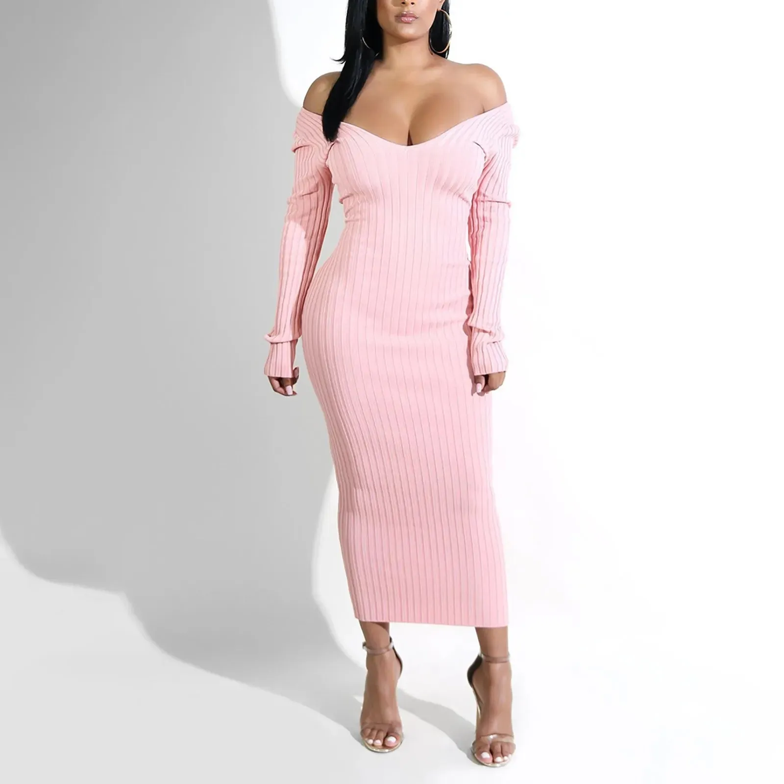 DressBetty - 2024 Sexy Deep V Neck Off Shoulder Rib Knit Midi Dress