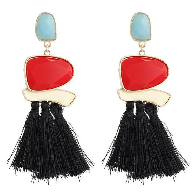 E0502 Bohemian Long Statement Tassel Drop Earrings Luxury Resin Beads Tassel Earrings For Women 7 Color Choice Dangle Earrings