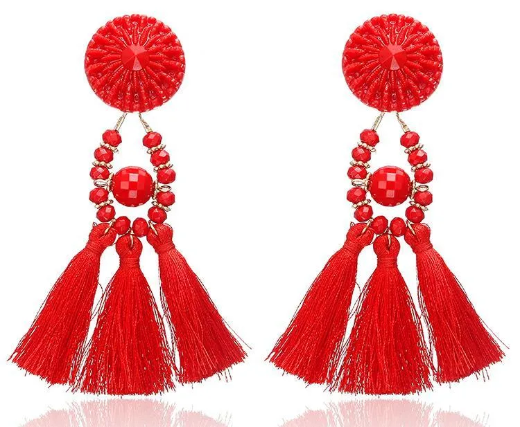 E0502 Bohemian Long Statement Tassel Drop Earrings Luxury Resin Beads Tassel Earrings For Women 7 Color Choice Dangle Earrings