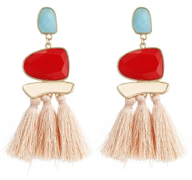 E0502 Bohemian Long Statement Tassel Drop Earrings Luxury Resin Beads Tassel Earrings For Women 7 Color Choice Dangle Earrings