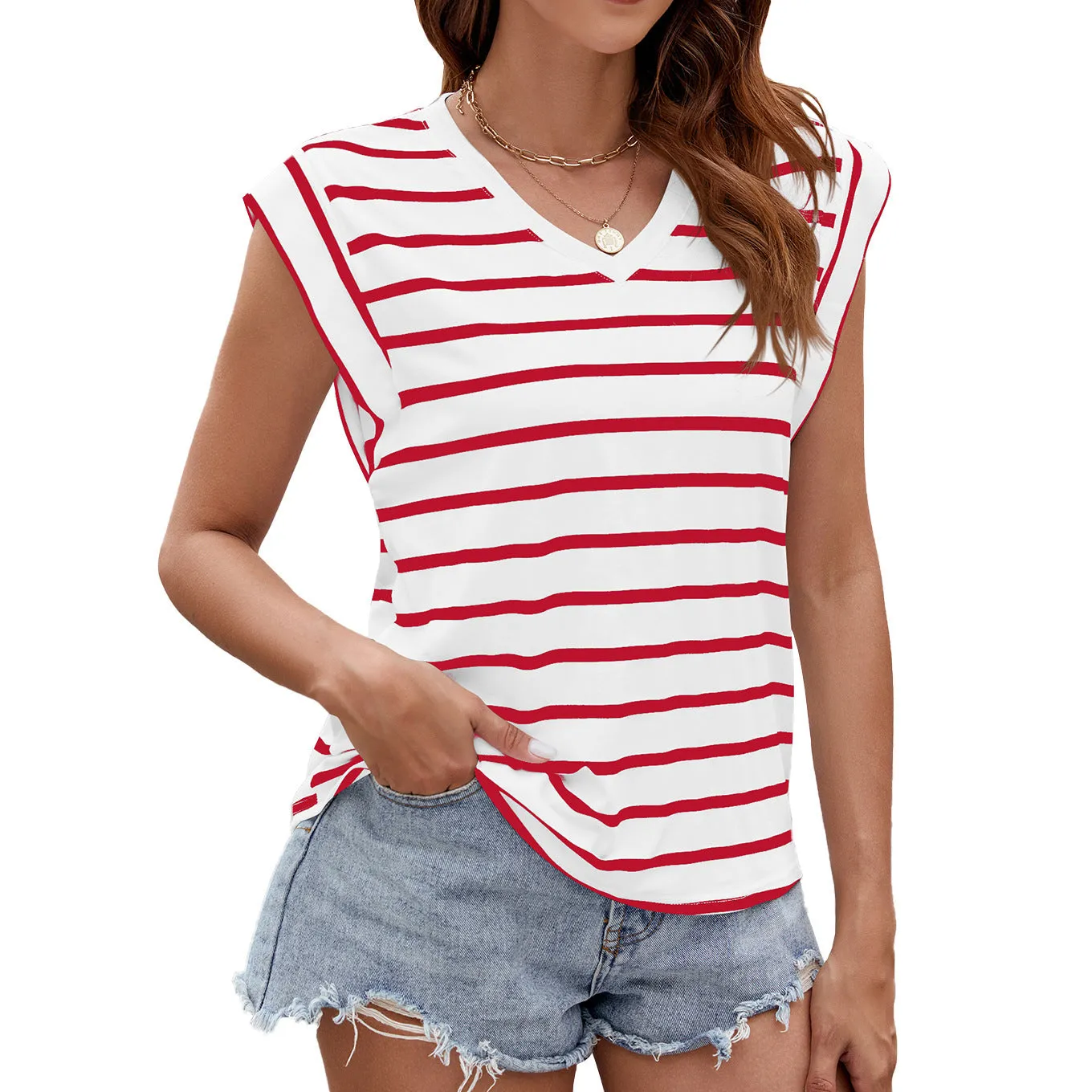 Fashion Stripe Print V-neck Short-sleeved T-Shirt Summer Loose Tank Top Womens Clothing