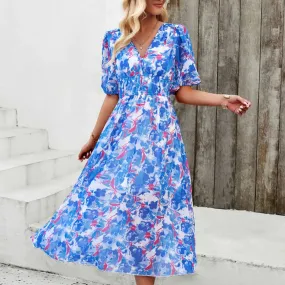 Fashion Summer Dresses Woman Clothes Short Sleeves V Neck Maxi Long Boho Dress