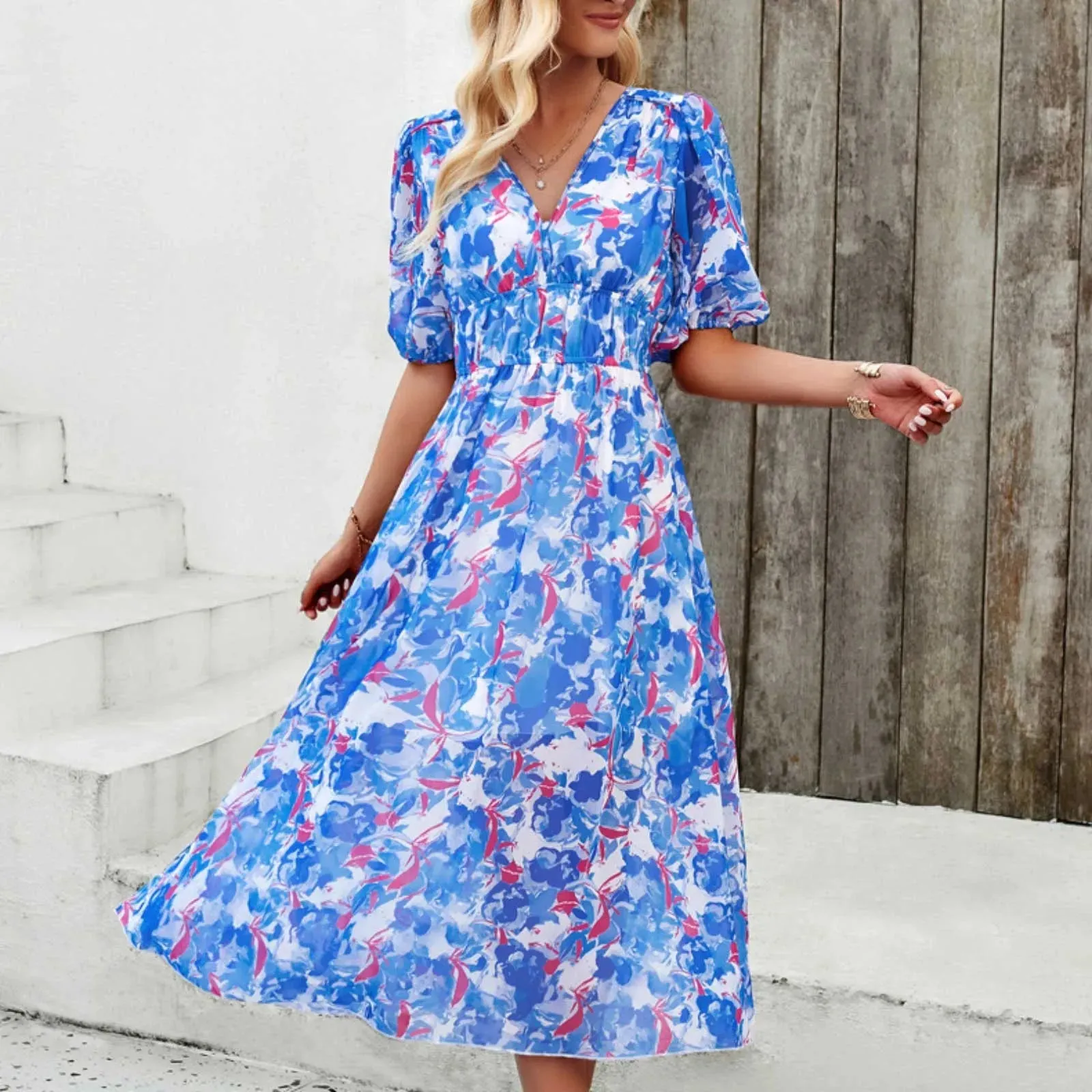 Fashion Summer Dresses Woman Clothes Short Sleeves V Neck Maxi Long Boho Dress