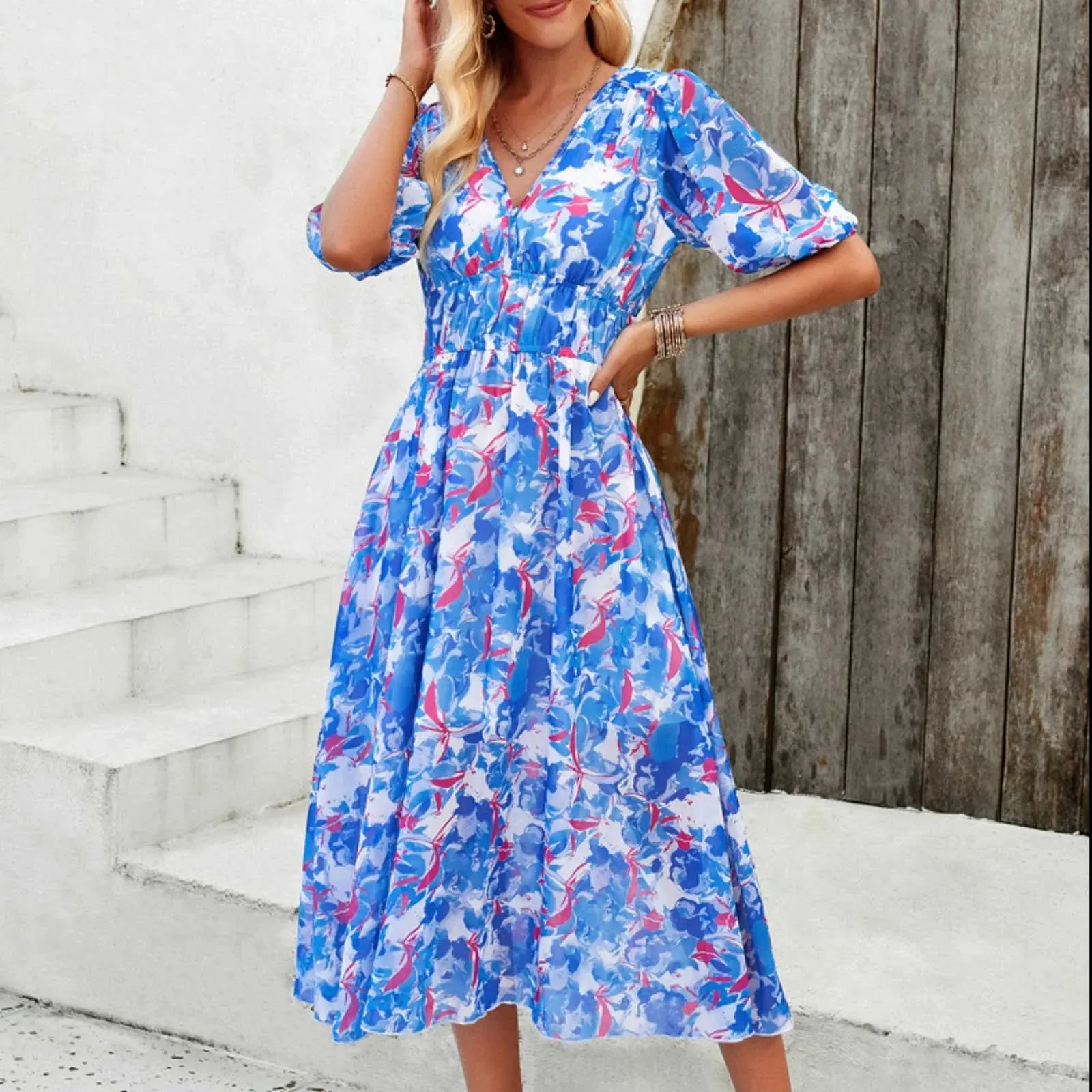 Fashion Summer Dresses Woman Clothes Short Sleeves V Neck Maxi Long Boho Dress