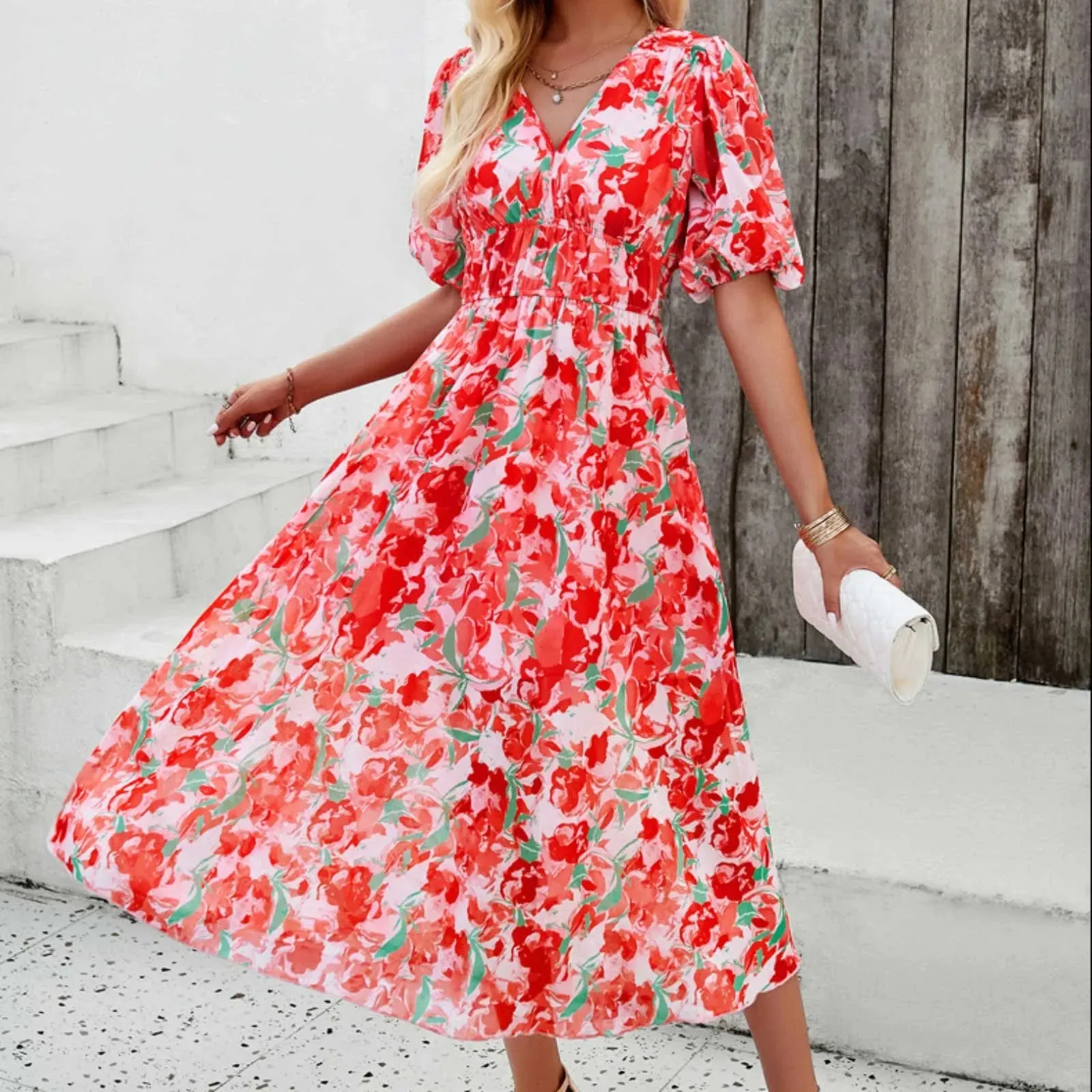 Fashion Summer Dresses Woman Clothes Short Sleeves V Neck Maxi Long Boho Dress