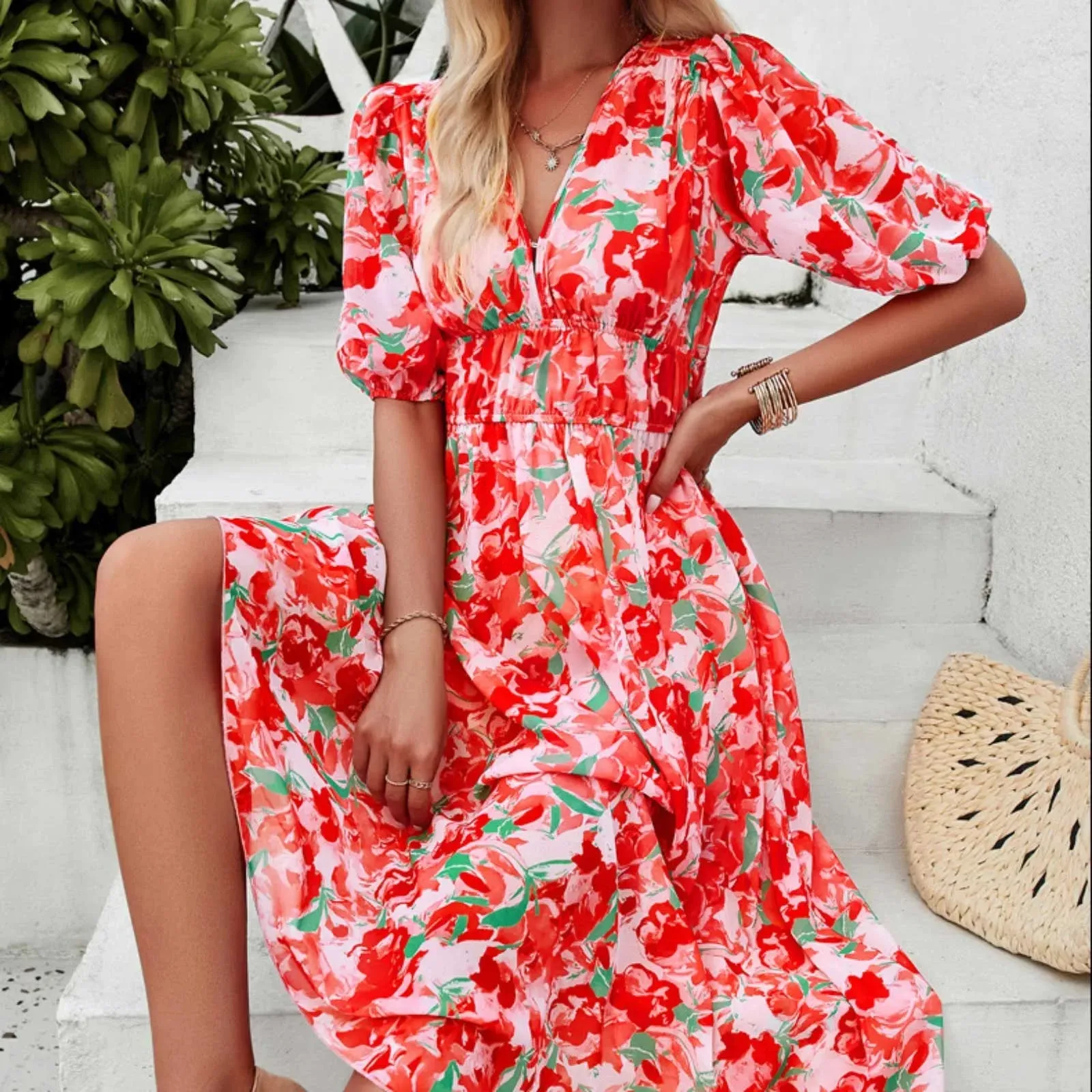 Fashion Summer Dresses Woman Clothes Short Sleeves V Neck Maxi Long Boho Dress