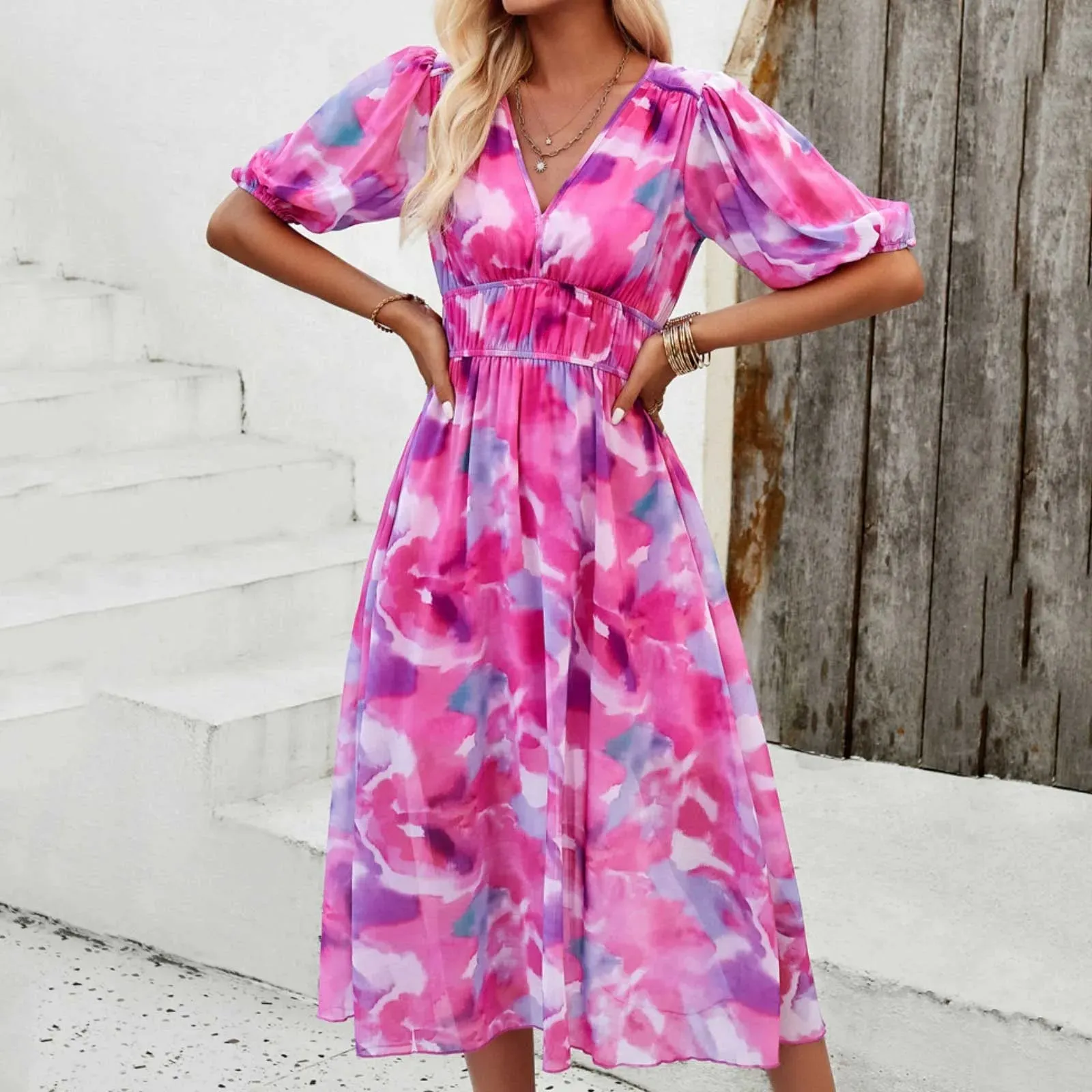 Fashion Summer Dresses Woman Clothes Short Sleeves V Neck Maxi Long Boho Dress