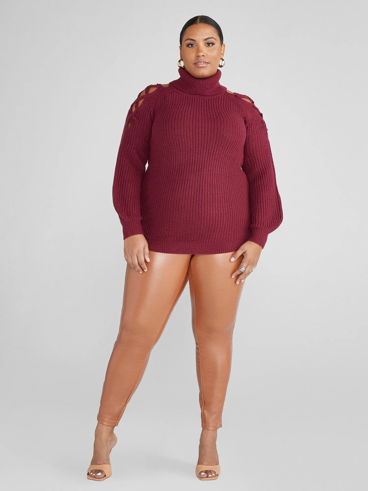 Fashion To Figure - Ava Lace-Up Shoulder Turtleneck Sweater