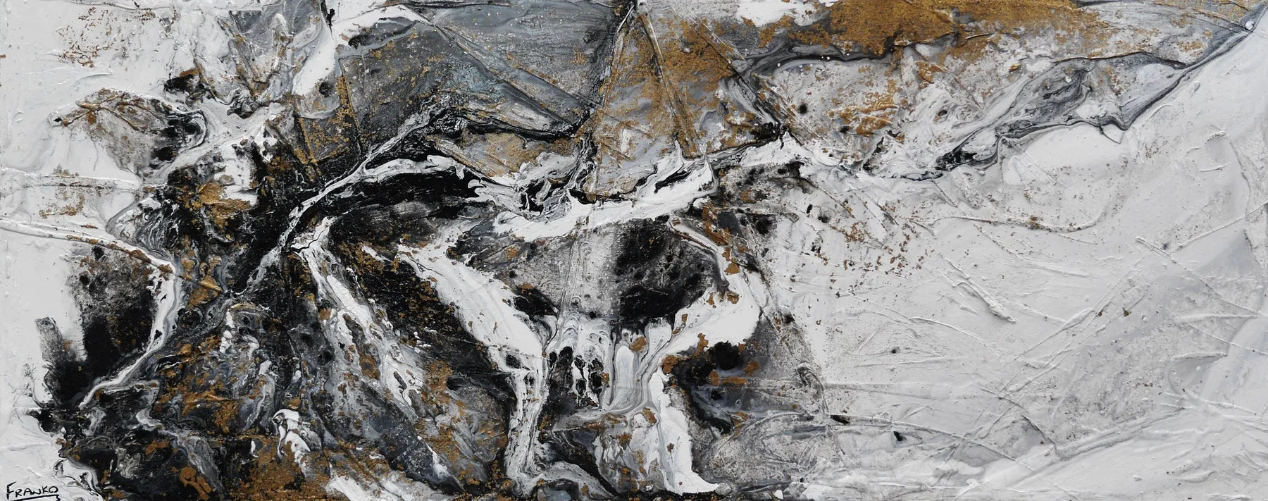 Fluid Rush 200cm x 80cm Black Gold White Grey Textured Abstract Painting (SOLD)