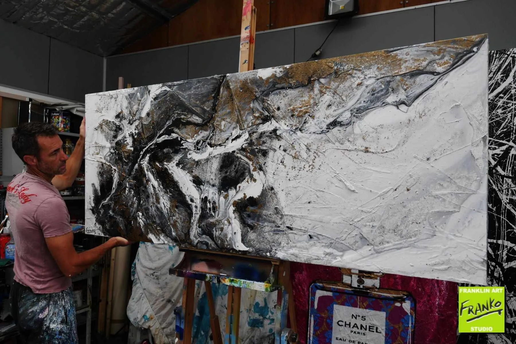 Fluid Rush 200cm x 80cm Black Gold White Grey Textured Abstract Painting (SOLD)