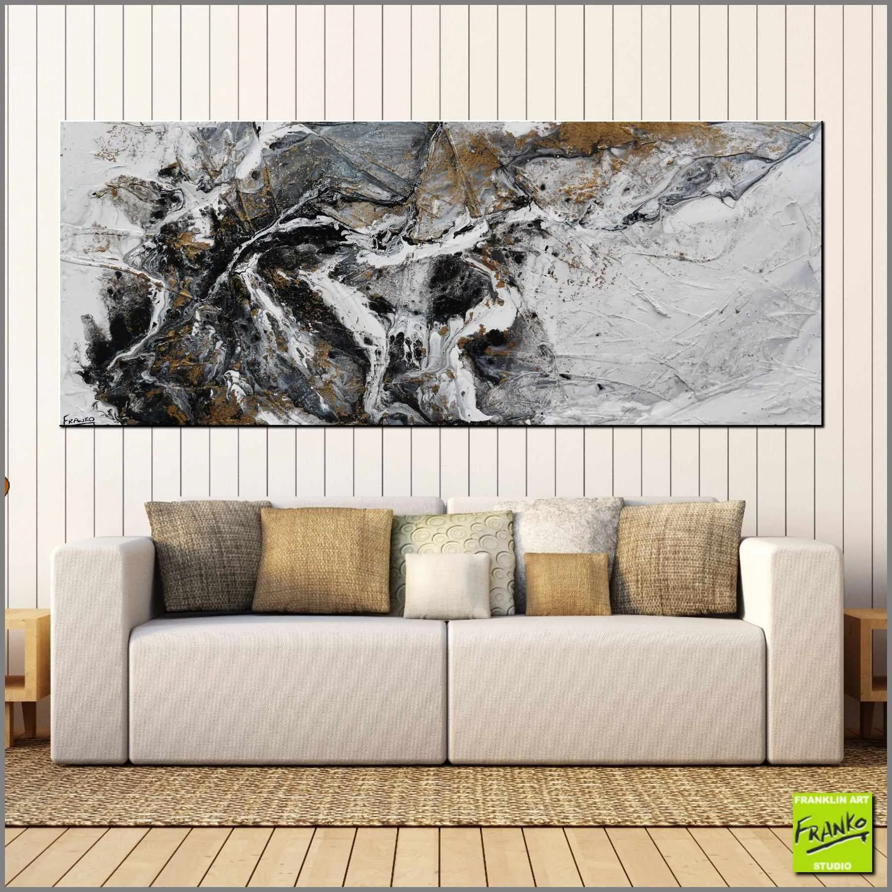 Fluid Rush 200cm x 80cm Black Gold White Grey Textured Abstract Painting (SOLD)