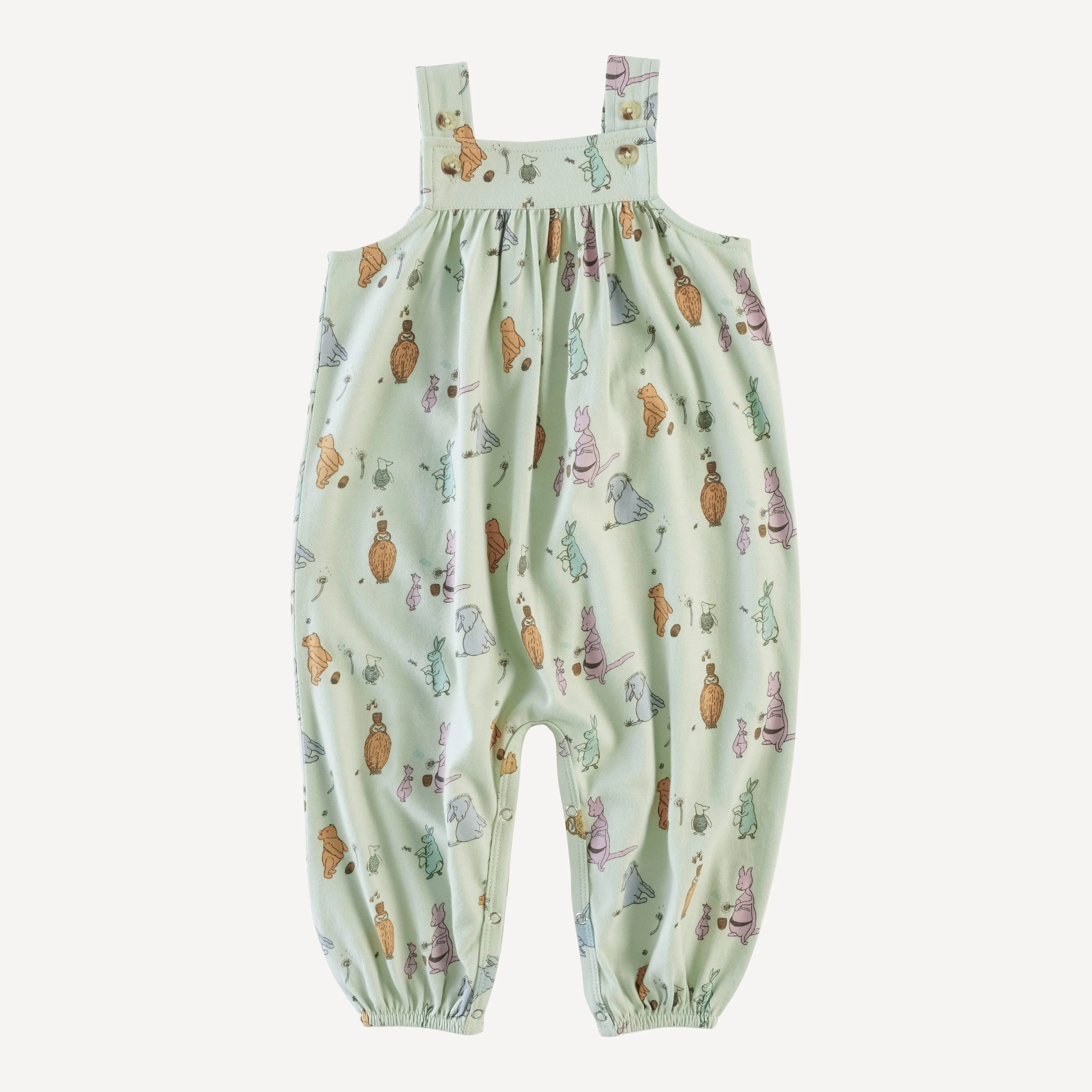 gathered overall jumpsuit | foam green pooh   friends | organic cotton jersey