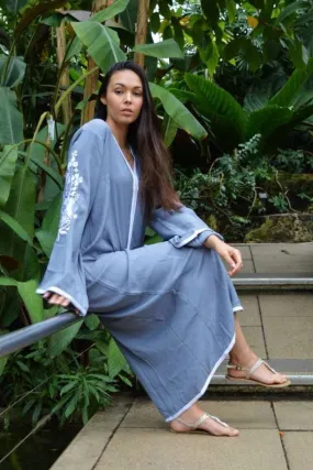 Grey Floral Moroccan Embroidery Resort Holiday Lounge Kaftan Caftan- Rose