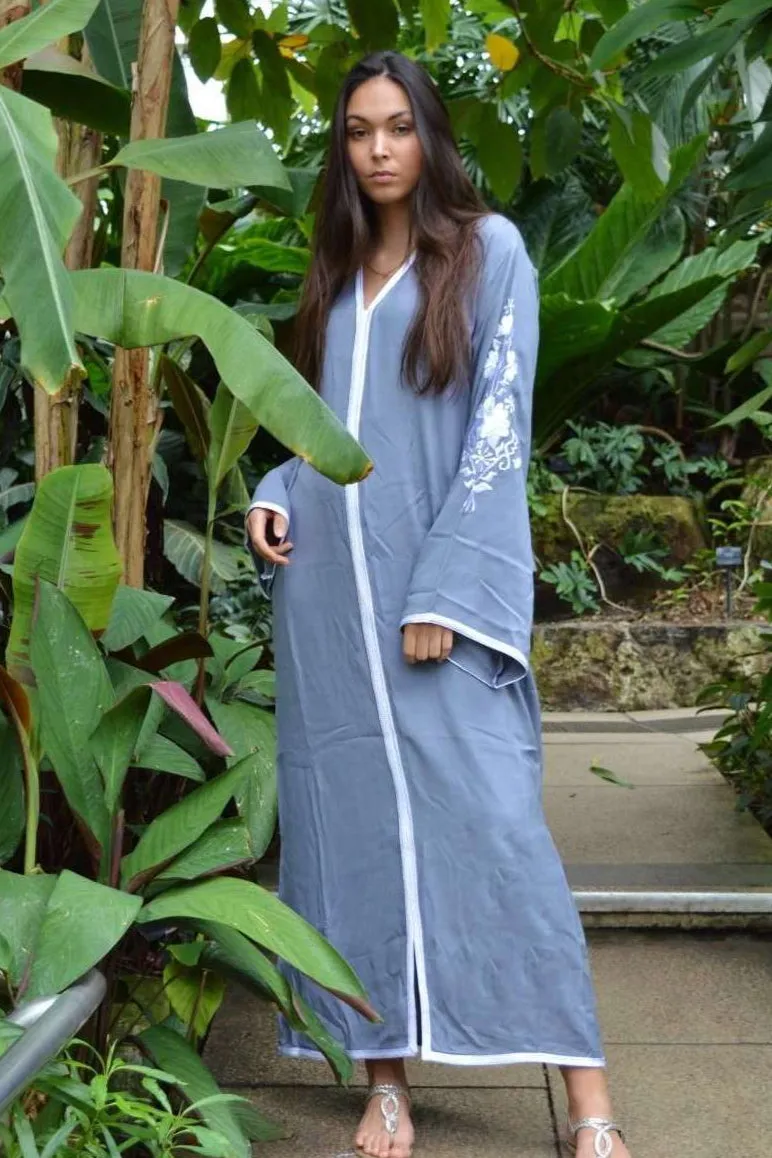 Grey Floral Moroccan Embroidery Resort Holiday Lounge Kaftan Caftan- Rose