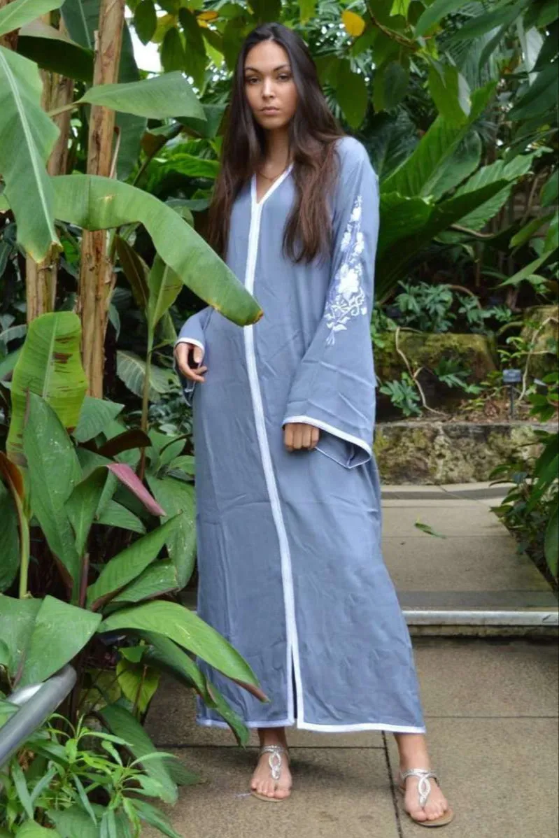 Grey Floral Moroccan Embroidery Resort Holiday Lounge Kaftan Caftan- Rose